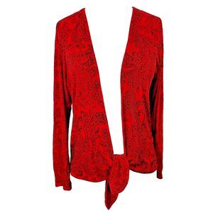 Chico's Travelers Red Black Paisley Tie Front Cardigan Slinky Stretch Size 1 M